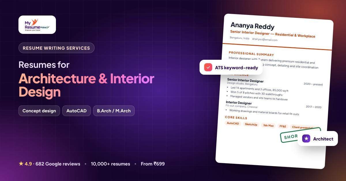 Architecture & Interior Design resume writing by My Resume Maker: sample resume and keywords