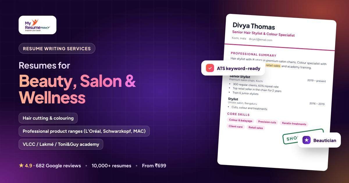 Beauty, Salon & Wellness resume writing by My Resume Maker: sample resume and keywords