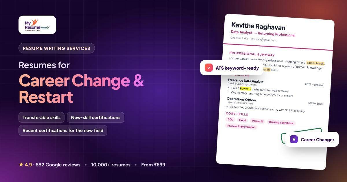 Career Change & Restart resume writing by My Resume Maker: sample resume and keywords
