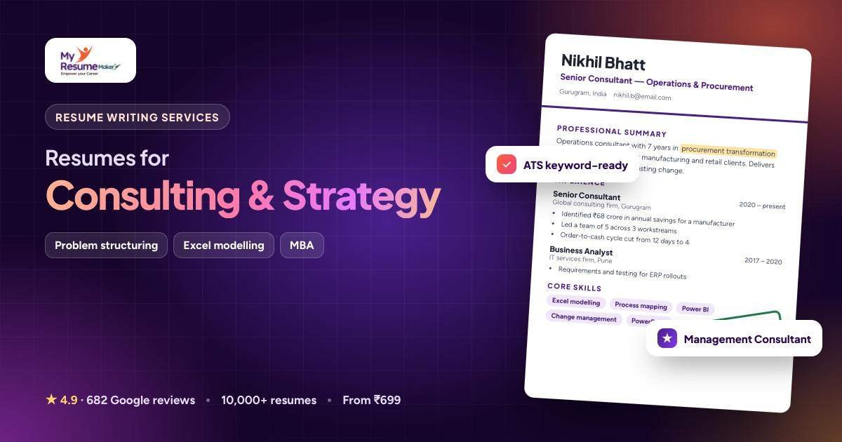 Consulting & Strategy resume writing by My Resume Maker: sample resume and keywords