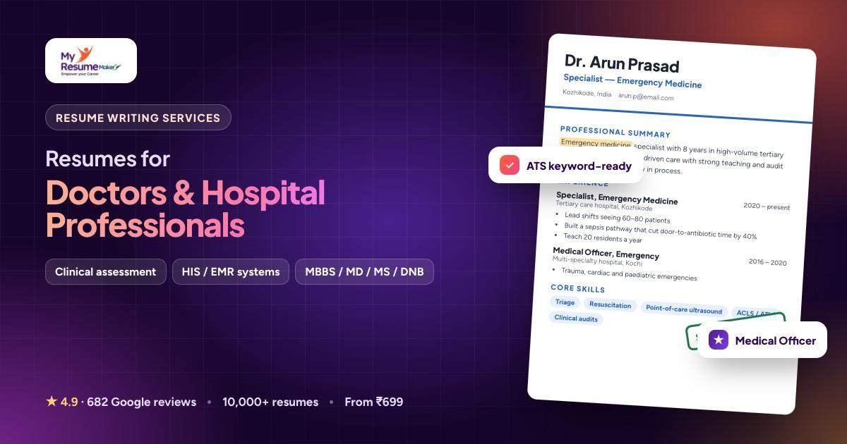 Doctors & Hospital Professionals resume writing by My Resume Maker: sample resume and keywords