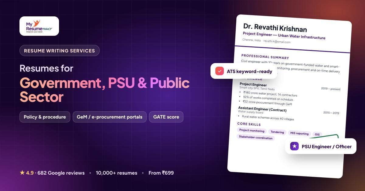 Government, PSU & Public Sector resume writing by My Resume Maker: sample resume and keywords