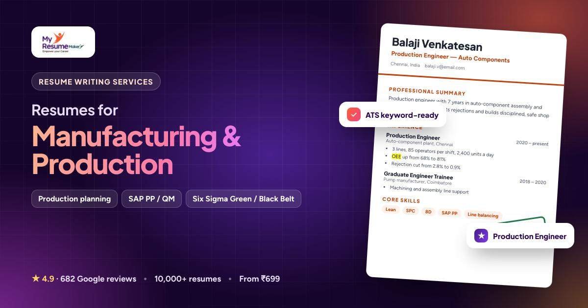Manufacturing & Production resume writing by My Resume Maker: sample resume and keywords