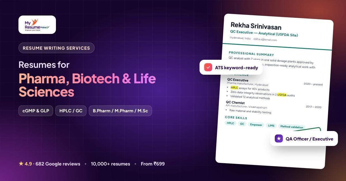 Pharma, Biotech & Life Sciences resume writing by My Resume Maker: sample resume and keywords
